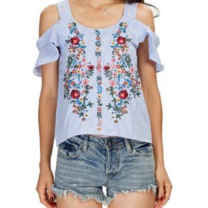 off shouder floral embroidery striped top